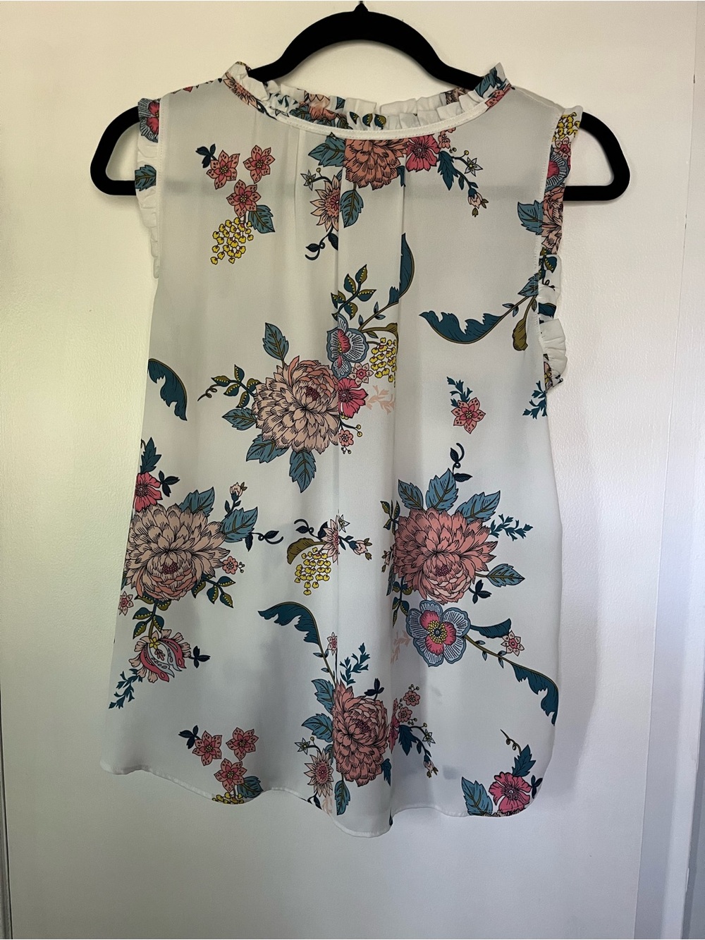 LOFT White Floral Sleeveless Blouse with Pink, Teal & Yellow Accents